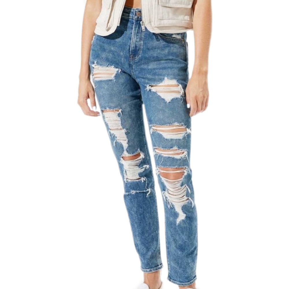 American‎ Eagle Mom Jeans Womens 4 Short High Rise Distressed Ripped 90s Grunge